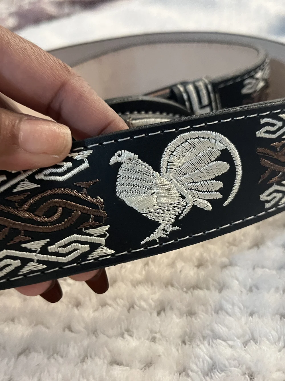 Embroidered Black & Brown Men's Leather Belt with Silver Stitching